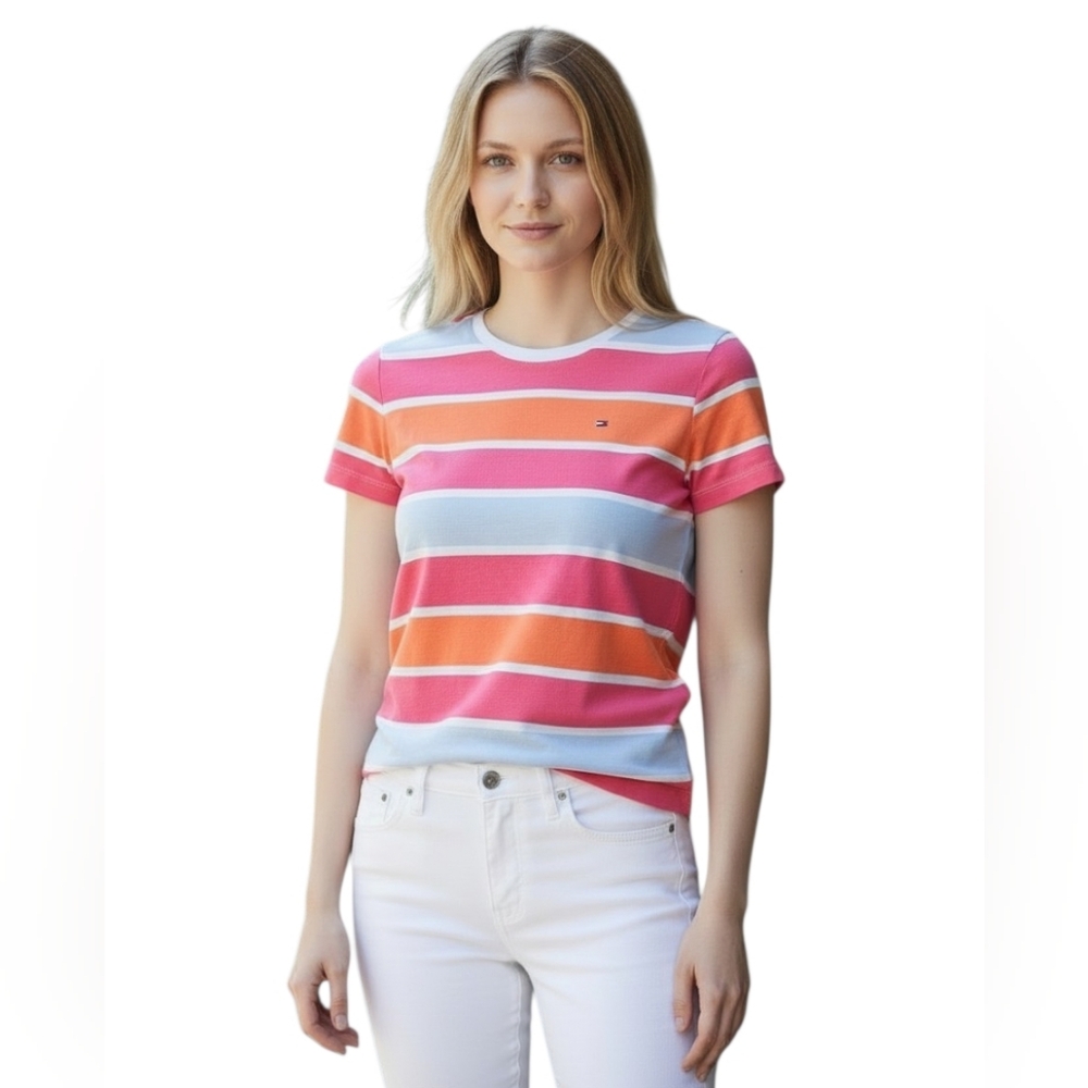 Tommy Hilfiger Preppy Short Sleeve Crewneck Tee w Pink Orange Blue Stripes XXS